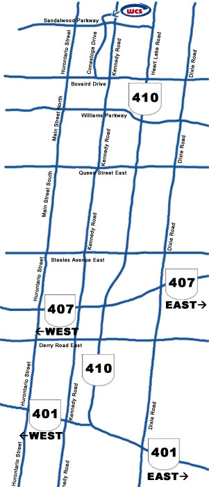 Street Map of Brampton, Ontario with detailed directions on how to get to our offices at 5-B Conestoga Drive.
